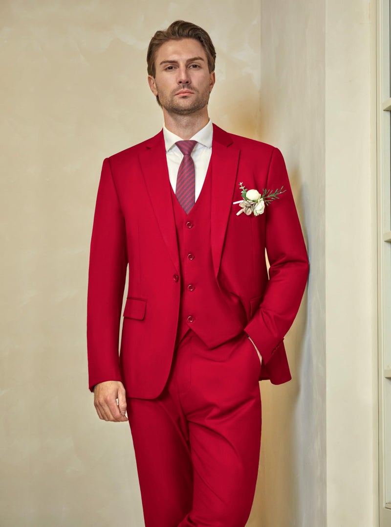 WULFUL Menâ€™s Slim Fit Suit One Button 3-Piece Blazer Dress Business Wedding Party Jacket Vest & Pant Wine Red - Image 3
